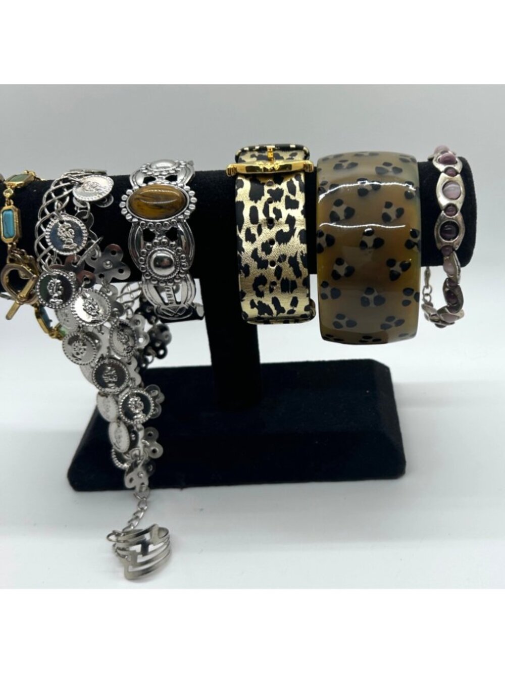 Bohemian Braceley Lot Vintage Silver tone Coin Faux Tiger Eye Leopard Bangle - Picture 3 of 16